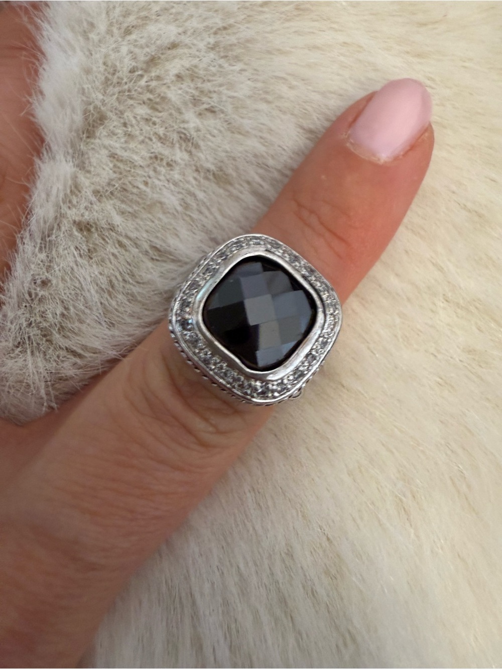 Silver Cocktail Ring with Black Faceted Gem